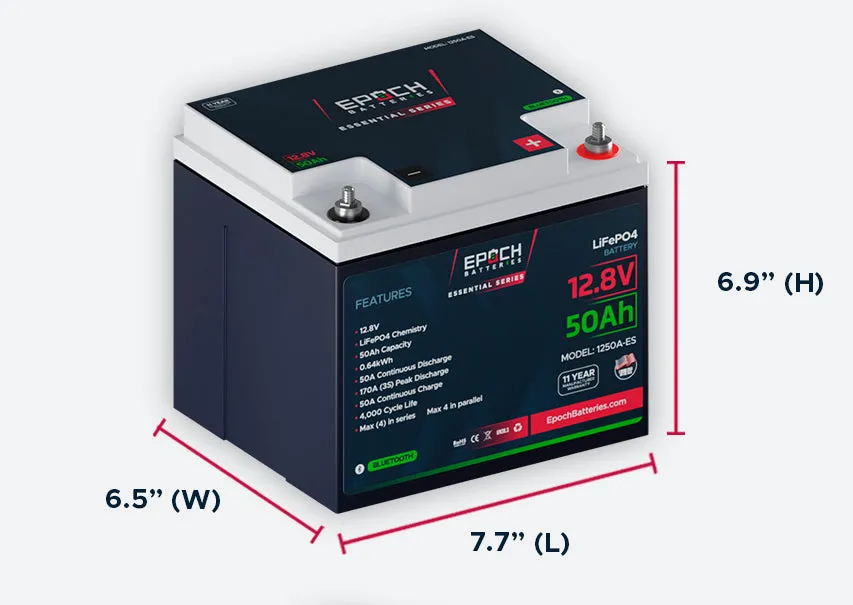 12V 50Ah Essential Series - Bluetooth LiFePO4 Battery