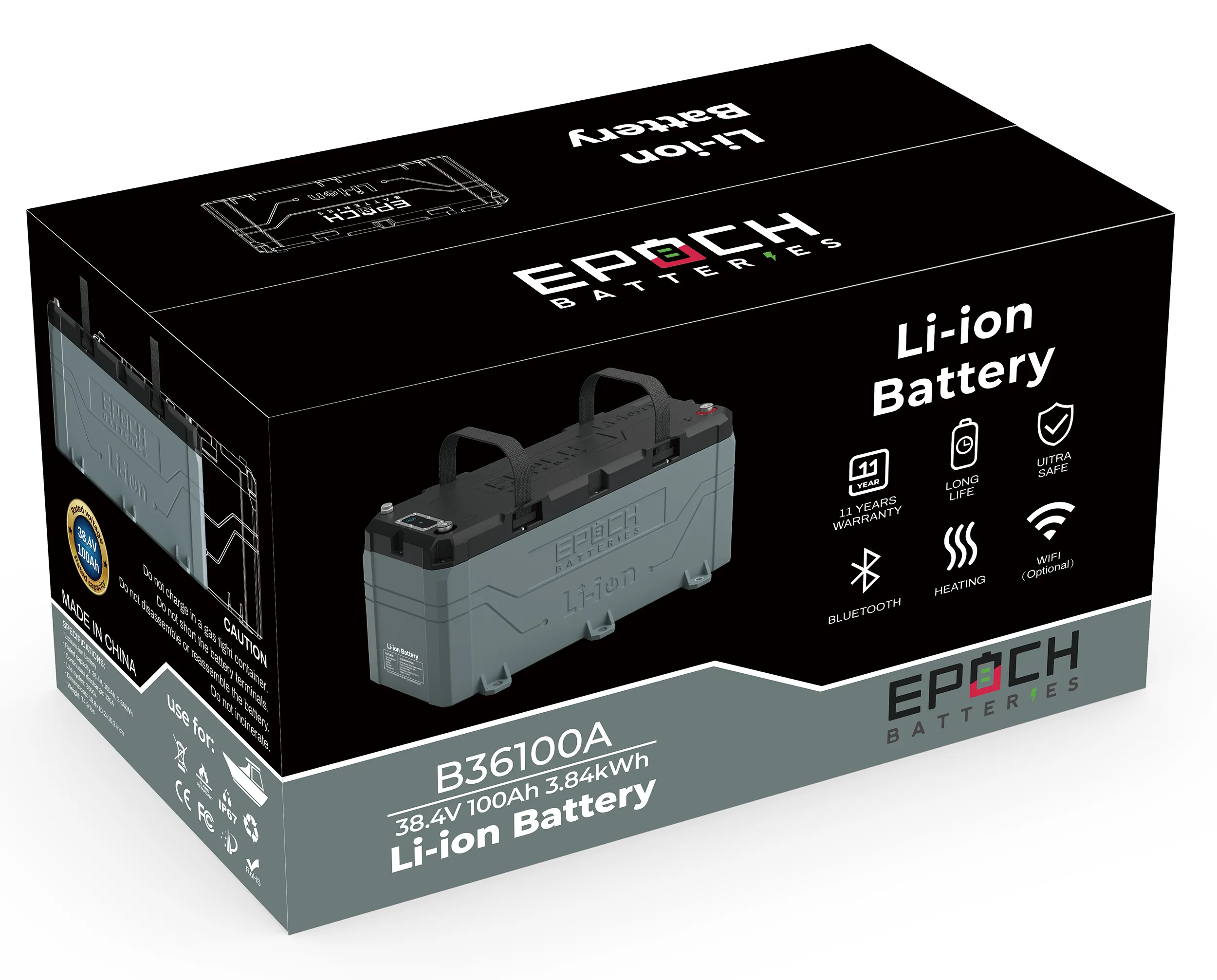 36V 100Ah LiFePO4 Lithium Battery - Bluetooth, Heating, Waterproof