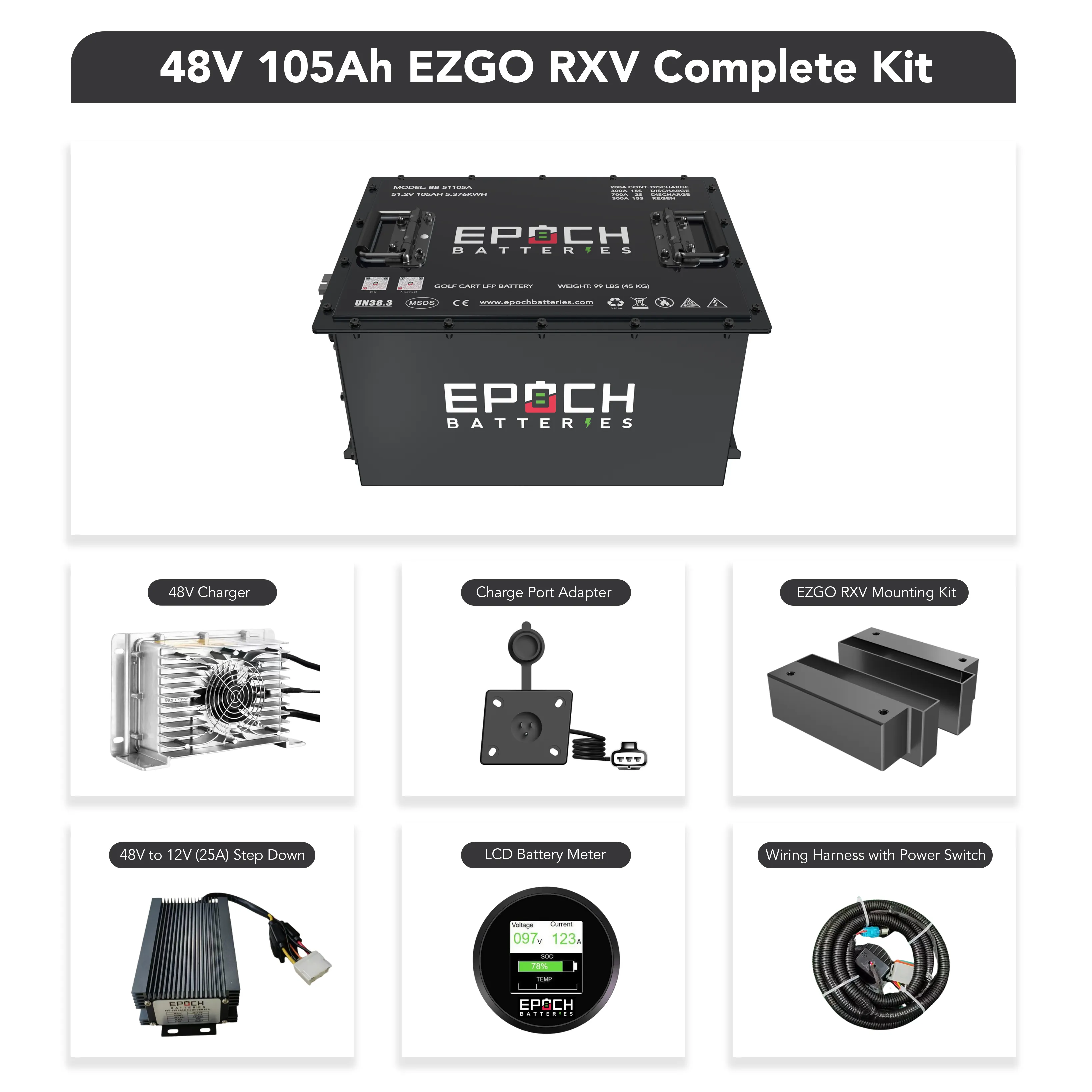 48V 105Ah Lithium (LiFePO4) Golf Cart Battery - Complete Kit