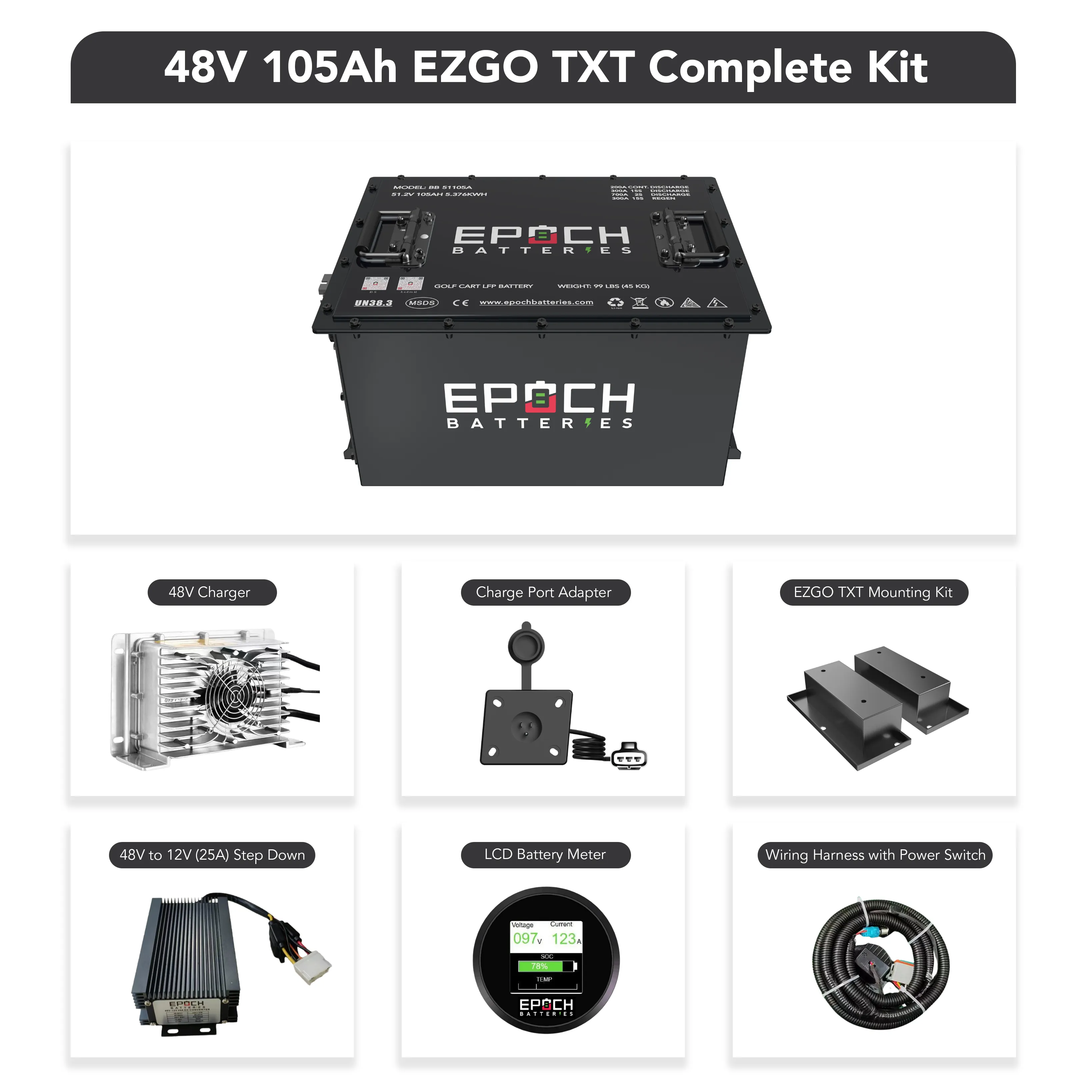 48V 105Ah Lithium (LiFePO4) Golf Cart Battery - Complete Kit