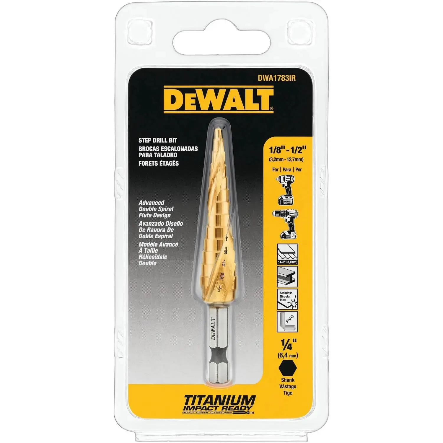 DEWALT DWA1783IR-Step Drill Bit, Impact Ready, 1/8-Inch-1/2-Inch