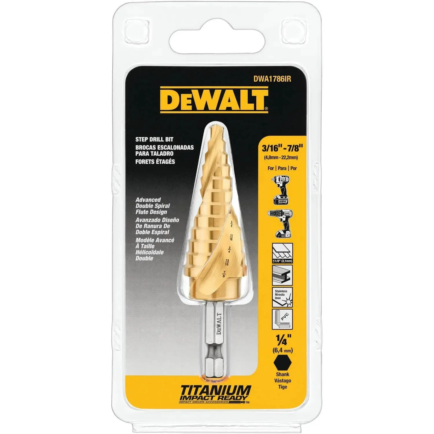 DEWALT DWA1786IR-Step Drill Bit, Impact Ready, 3/16-Inch-7/8-Inch