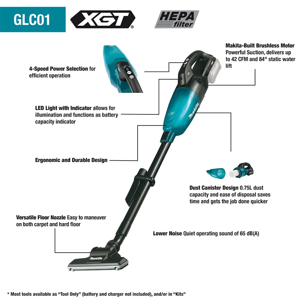 Makita GLC01Z 40V XGT Brushless 4-Speed HEPA Filter Compact Vacuum - Bare Tool