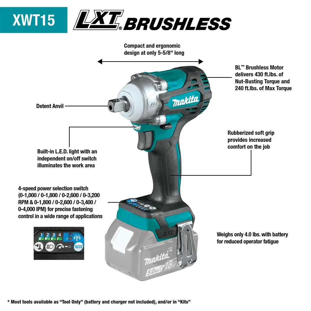 Makita XWT15XVZ 18V LXT BL 1/2" Brushless Utility Impact Wrench - Bare Tool