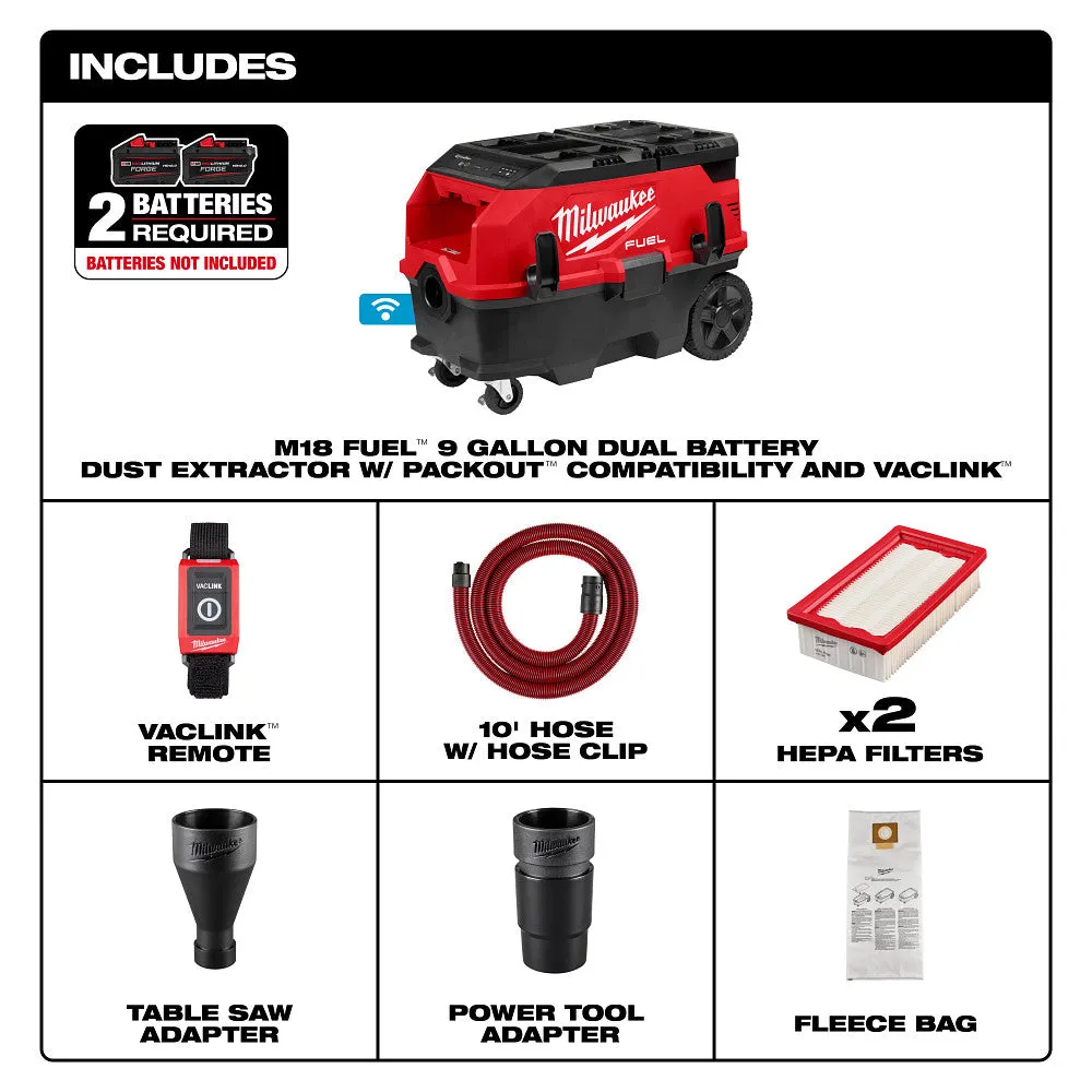 Milwaukee 0888-20 M18 FUEL 18V 9 Gallon Dual Battery Dust Extractor - Bare Tool