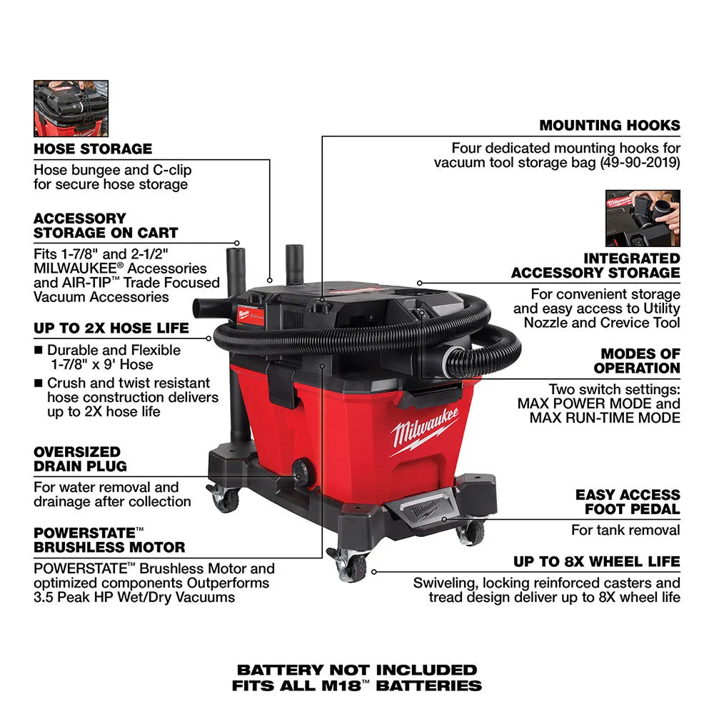 Milwaukee 0910-20U M18 FUEL 6 Gallon Wet/Dry Vacuum w/ AIR-TIP Brush/Nozzle Kit