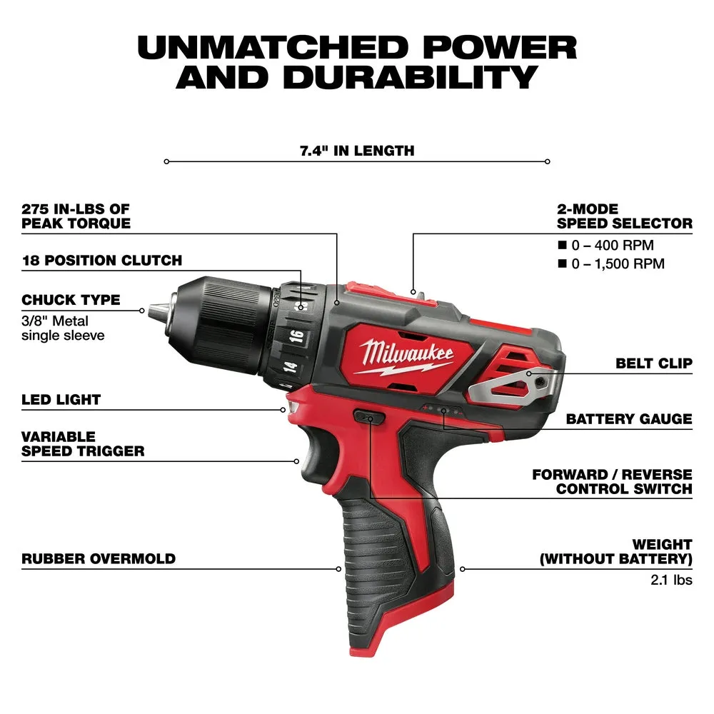 Milwaukee 2407-20 M12 12V 3/8" Drill/Driver w/ Belt Clip - Bare Tool