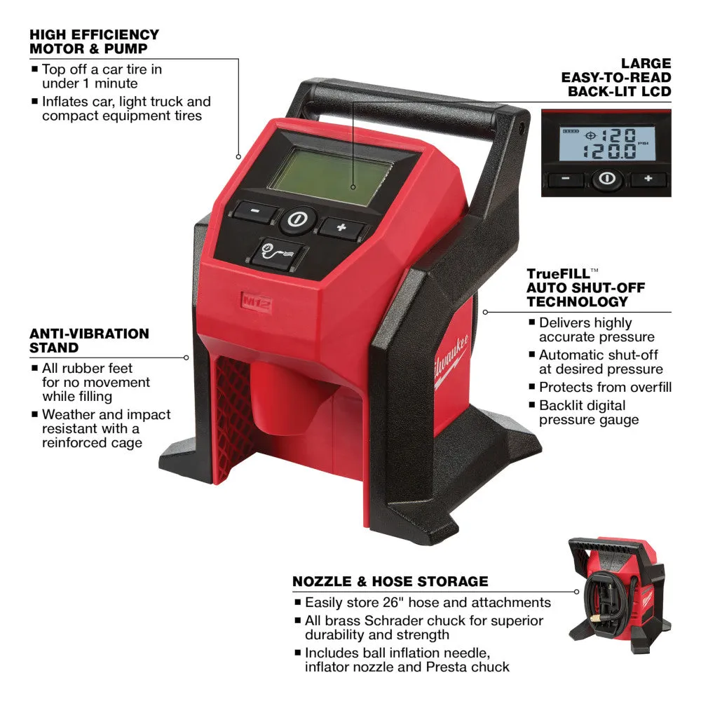 Milwaukee 2475-20x3 M12 12V Cordless Inflator w/ 2 - M12 3AH Batteries