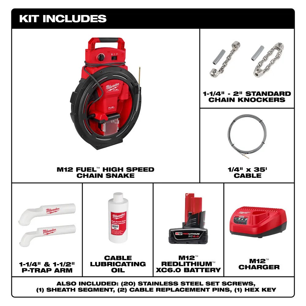 Milwaukee 2519-21 M12 FUEL 12V High Speed Chain Snake for 1-1/4"-2" Pipes
