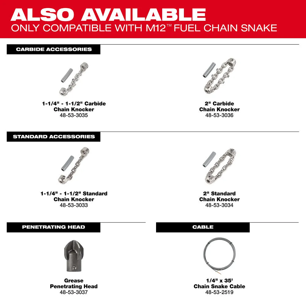 Milwaukee 2519-21 M12 FUEL 12V High Speed Chain Snake for 1-1/4"-2" Pipes