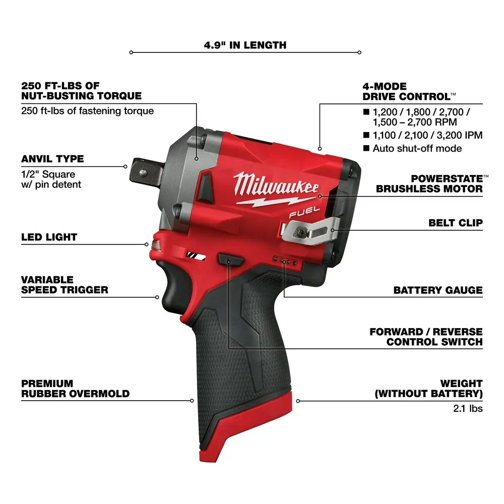 Milwaukee 2555-P80 M12 FUEL 12V 1/2" Cordless Stubby Impact - Reconditioned