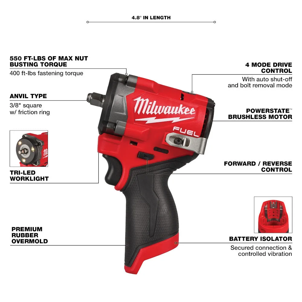 Milwaukee 2562-20 M12 FUEL 12V 3/8" Stubby Impact Wrench - Bare Tool
