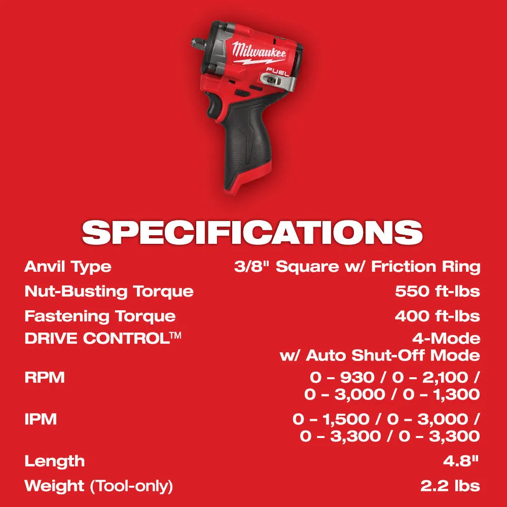 Milwaukee 2562-20 M12 FUEL 12V 3/8" Stubby Impact Wrench - Bare Tool