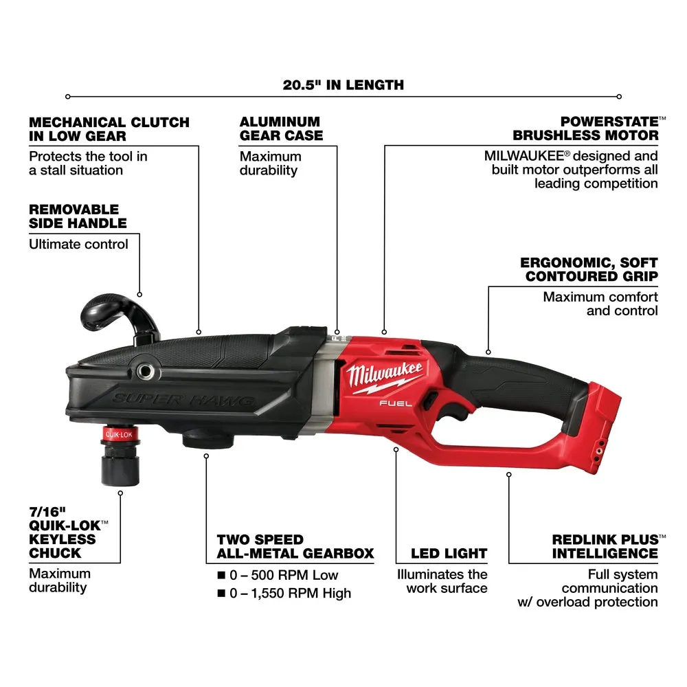 Milwaukee 2811-80 M18 FUEL 18V Super Hawg Right Angle Drill - Bare Tool, Recon