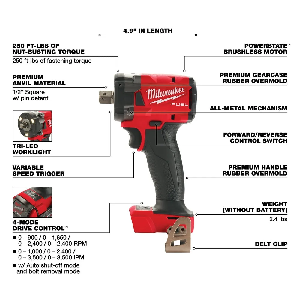 Milwaukee 2855P-80 M18 FUEL 18V 1/2" Compact Impact Wrench - Recon - Bare Tool