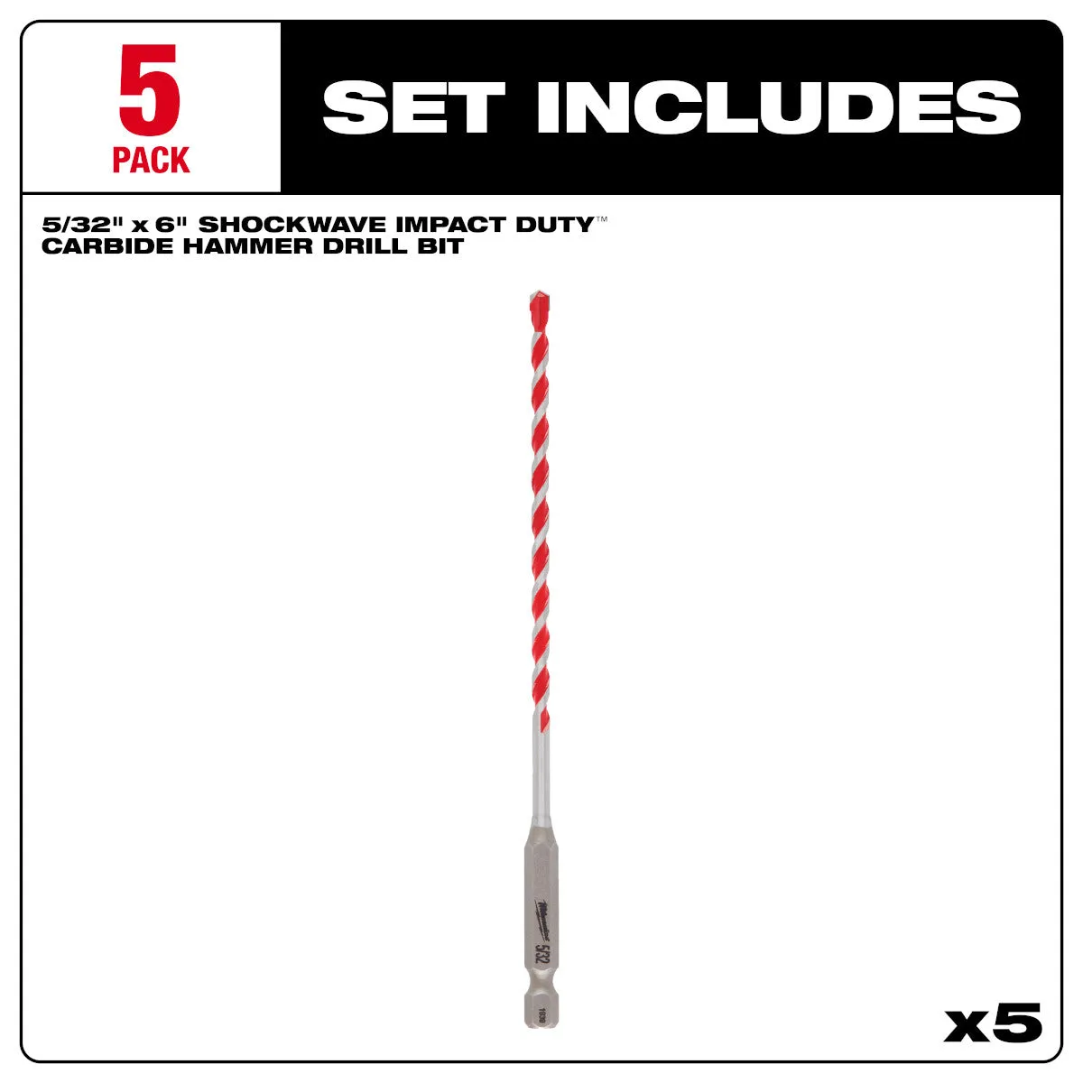 Milwaukee 48-20-9155 - 5/32" x 4" x 6" SHOCKWAVE Impact Duty™ Carbide Hammer Drill Bits