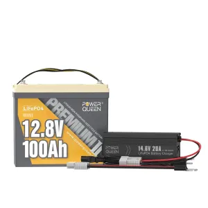 Power Queen 12V 20A Charger Kit With 12V 100Ah Mini Deep Cycle Lithium Battery