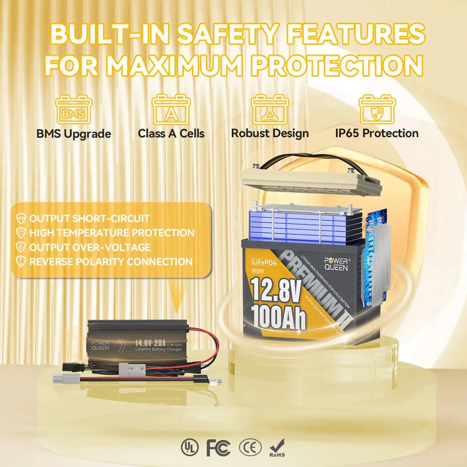 Power Queen 12V 20A Charger Kit With 12V 100Ah Mini Deep Cycle Lithium Battery