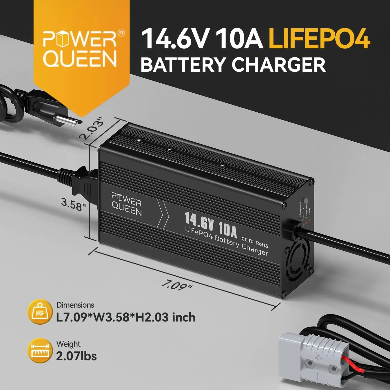Power Queen 14.6V 10A LiFePO4 Battery Charger For 12V LiFePO4 Lithium Battery