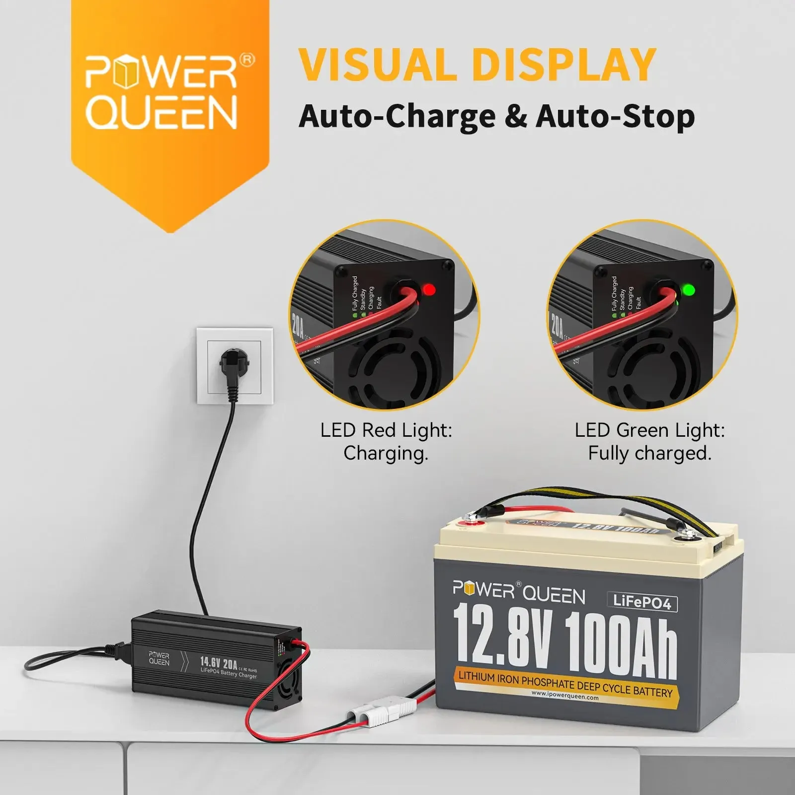 Power Queen 14.6V 20A LiFePO4 Battery Charger For 12V LiFePO4 Lithium Battery