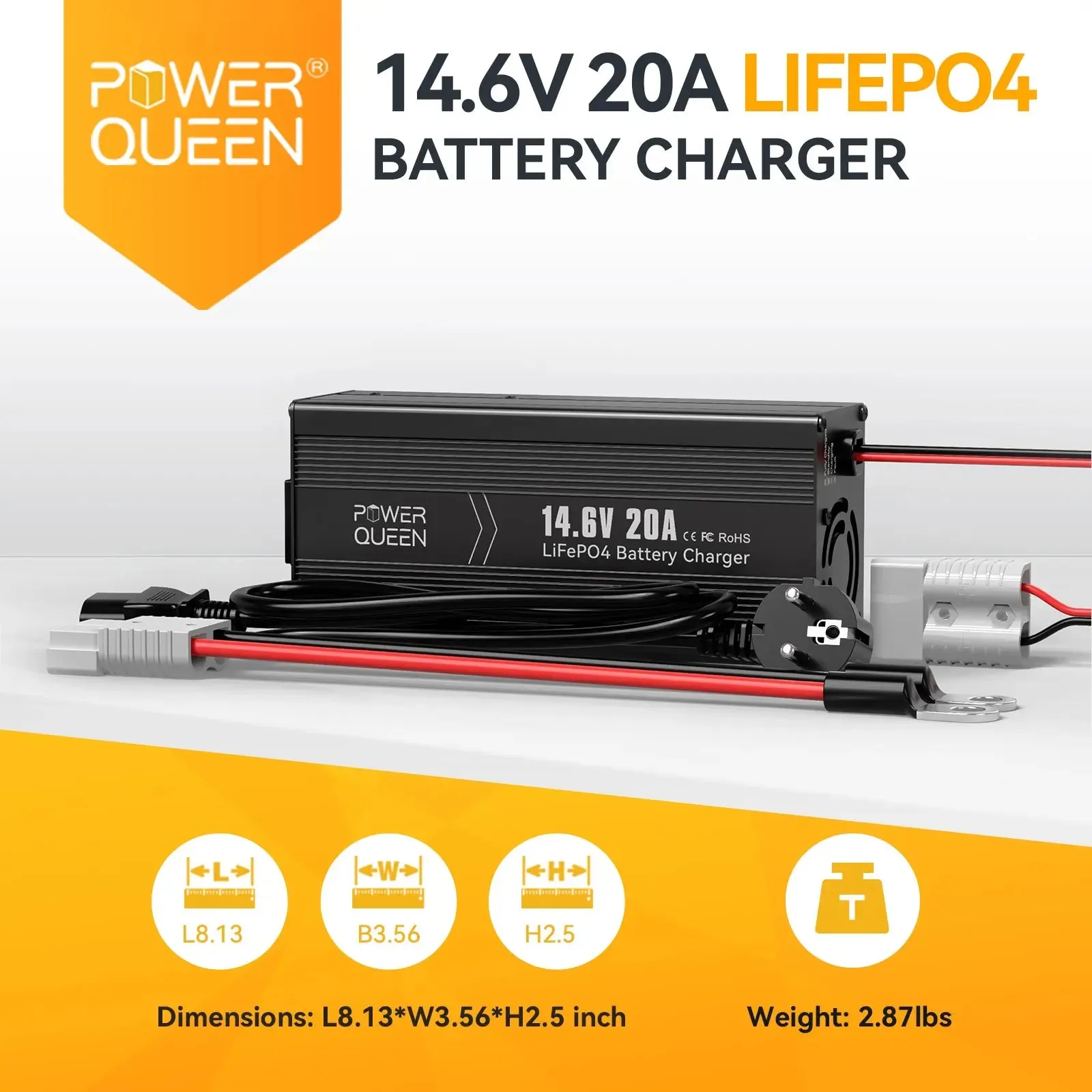 Power Queen 14.6V 20A LiFePO4 Battery Charger For 12V LiFePO4 Lithium Battery