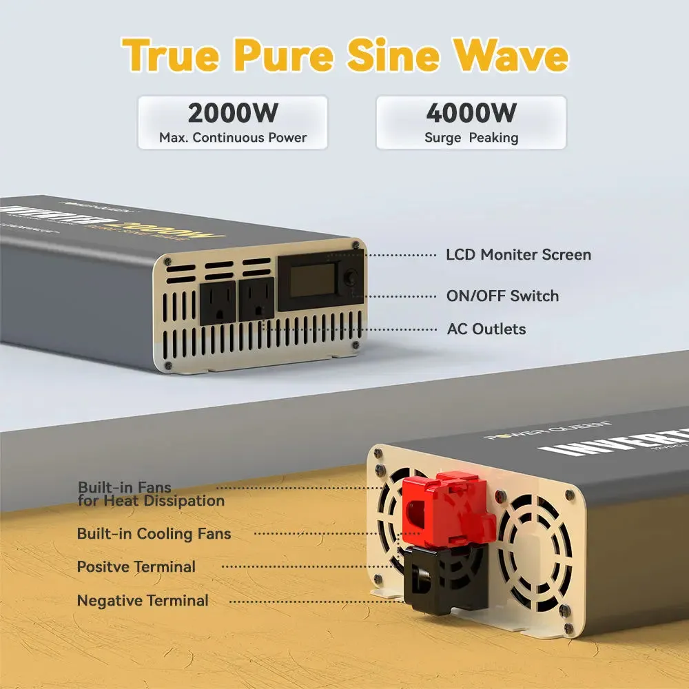 Power Queen 2000W Inverter 12V DC to 110V-120V AC Converter with 2 AC Outlets
