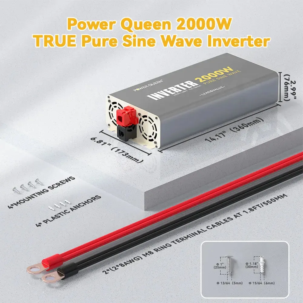 Power Queen 2000W Inverter 12V DC to 110V-120V AC Converter with 2 AC Outlets